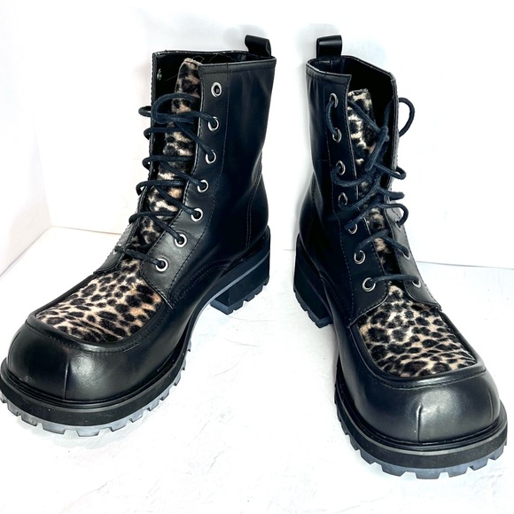 Retro Mudd Boots Combat Moto Y2K Leopard Black Genuine Leather 10 Lace Up - Picture 3 of 17